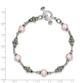 Solid 925 Sterling Silver 14k Yellow Gold 9-10mm Freshwater Cultured Pink Pearl 7.5in Bracelet 7.5"