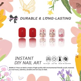 Easter Press on Nails Short Square MABKJLF Pink Fake Nails Cute False Nails with Bunny Designs Full Cover Glossy Glue on Nails Rabbit Stick on Nails Spring Acrylic Nails for Women Girls 24 Pcs