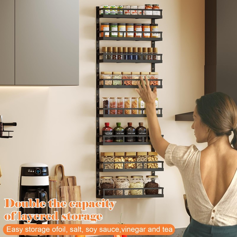 X-cosrack 8-Tier Adjustable Spice Rack – Wall-Mounted Space-Saving Organizer with