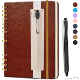 DWIYITTN A5 Spiral Notebook and Pen Set, 160 Lined Pages Red Brown Faux Leather Hardback Wirebound Notebook A5 with Detachable Pen Holder and Pen for School College Work Home Writing Note Taking