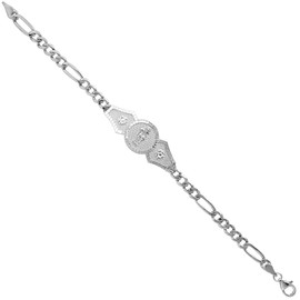 Sterling Silver Santa Muerte Figaro Link Bracelet for Women & Men 1/2 inch Wide 8 inch Long