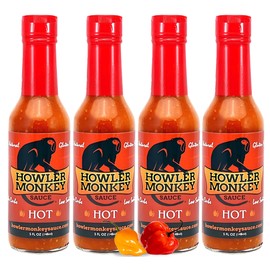 Howler Monkey Sauce Hot - Panamanian Style Hot Sauce with Aji Chombo Pepper - Gluten Free, No Carbs, Low Sodium - Caribbean Flavor - No Thickeners, Preservatives, or Added Sugars - 4-Pack 5oz Bottles