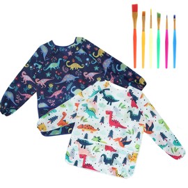 Raveparty 2 Pcs Kids Painting Apron, Art Apron Kids Aprons for Painting with 3 Pockets 6 Pcs Paintbrush for Painting Cooking Crafts Clay (A)