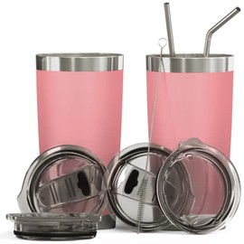 BluePeak Double Wall Stainless Steel Vacuum Insulated Tumbler Set, 2-Pack. Includes Sipping Lids, Spill-Proof Sliding Lids, Straws, Cleaning Brush & Gift Box (20oz, Pink)