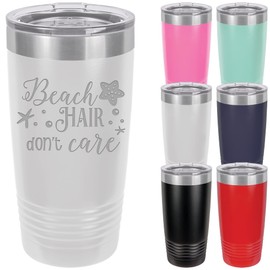 Griffco Supply Beach Hair Don't Care - Summer Beach Tumbler - 20 ounce stainless steel vacuum insulated tumbler with lid (White)