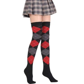 Benefeet Sox Womens Thigh High Socks Argyle Thigh Highs Girls Novelty Cotton Over the Knee High Socks Colorful Vintage Long Sock Knee High Tube Sock Halloween Cosplay Long Stockings, Red Black Grey