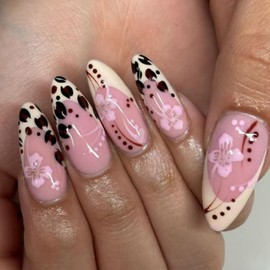 24Pcs French Tip Press on Nails Almond Fake Nails Hibiscus Flowers Nails Tips Full Cover False Nails with Leopard Designs Colorful Floral Stick on Nails French Acrylic Nail Decoration for Women