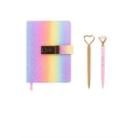 TMY Rainbow Glitter Diary with Lock for Girls – 240 Pages, Heart & Diamond Pens Set, Secret Journal Gift Box for Kids Teens and women – 18.3x14x2.5cm Lockable Notebook with Pens