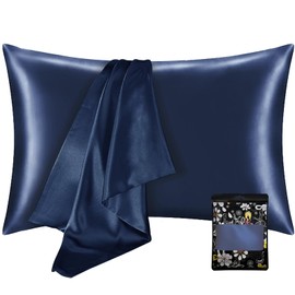Pillowcase, Luxurious, Double-Sided Satin, Smooth, Pillow Cover, Envelope Type, Washable, Sleep Reduction, Antibacterial, Odor Resistant, Beautiful, Moisturized Hair, Gentle on Sensitive Skin, Stylish, Gift, Suitable for All Seasons, Smooth, Perfect Present, Navy, 24.8 x 16.9 inches (63 x 43 cm), 1 Pillow Case
