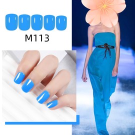 Press On False Nails Short Squoval ABS Natural Fit Fake Nails with Jelly Glue Reusable Manicure Glue On Nails Woman and Girl, Gel Glossy False Nails 12Sizes 24pcs (Fluorescent blue)