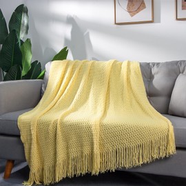Knit Throw Blanket for Couch Farmhouse Lightweight Soft Cozy Throw Blanket with Fringe Decorative Rustic Small Lap Blanket Throws and Blankets for Bed 50 x 60 Inch, Modern Cable Knit Yellow