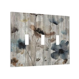 Xuejiaku Decorative Switch Plate Covers Rustic Beige Blue Flower Vintage Grey Wood Plank Farmhouse Country 3 Gang Wall Plate Light Switch Cover Plate Triple Toggle Jumbo Electrical Faceplate