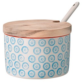 Bloomingville Emma Retro Salt Pot with Lid and Spoon Sugar Bowl Vintage Pot for Jam Diameter 10 cm Blue Ceramic Holds Approx. 250 ml