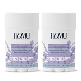 Homu | 2 Piezas Desodorante Natural en Barra Lavanda Silvestre Sensitive - Fórmula para pieles sensibles (sin Bicarbonato de sodio) - Cont. 55 grs. Por pieza (Lavanda Silvestre Sensitive, 2)