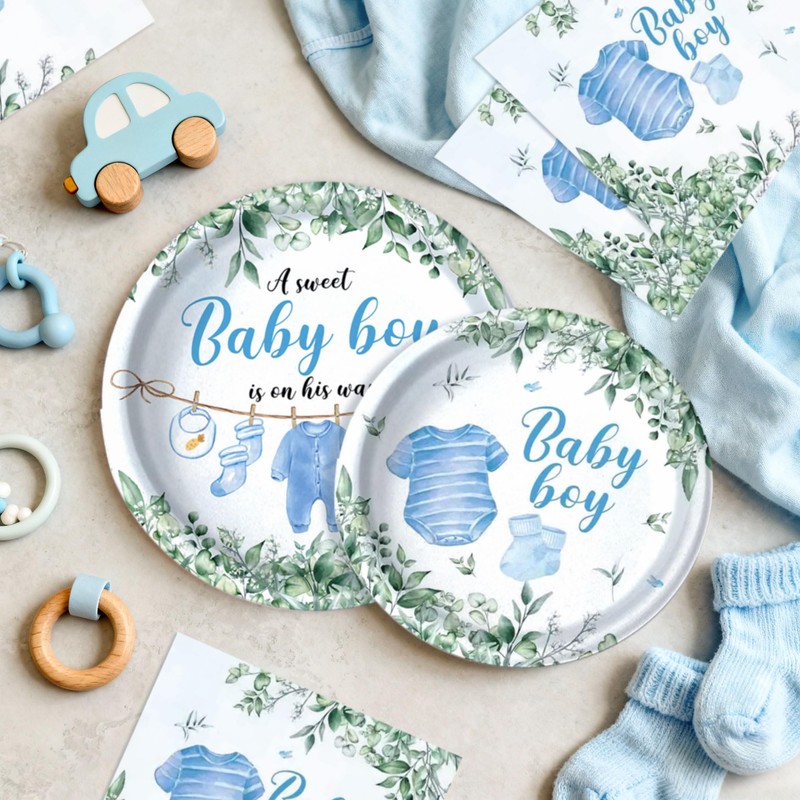 Greenery Baby Shower Plates Napkin Blue Baby Boy Party Tableware