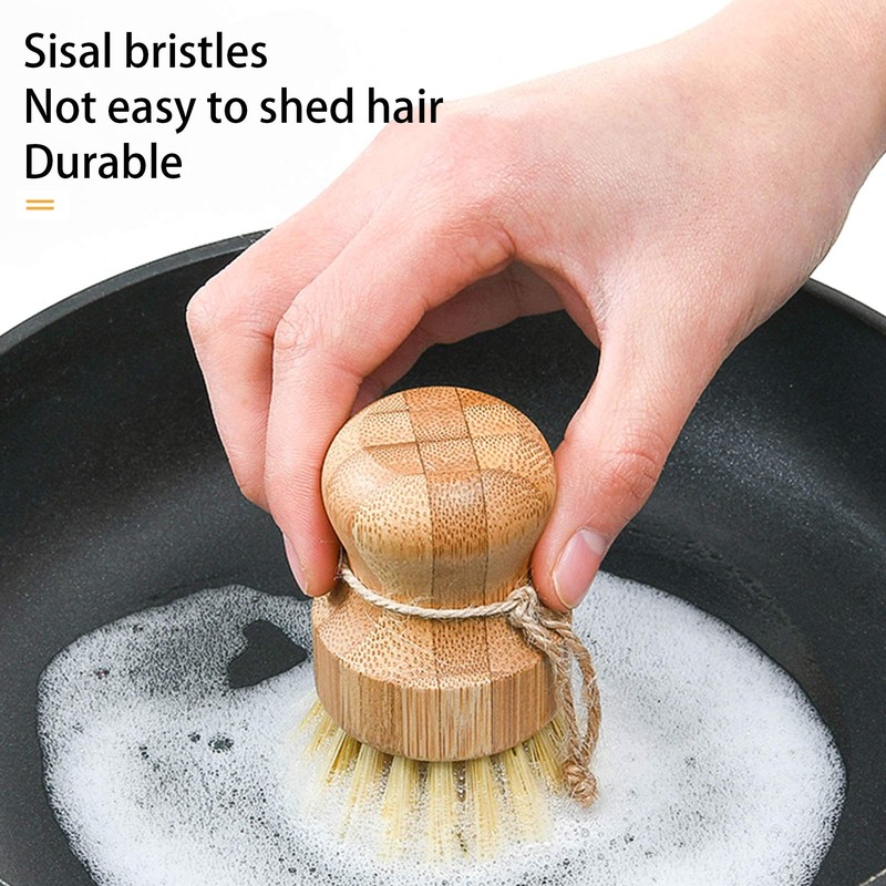 Natural Sisal Dish Washing Brush Bamboo Round Scrub Brush Pots