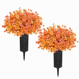 Cemetery Flowers for Grave with Vases, 2pcs Fall Artificial Flowers Cemetery Decorations for Grave, Faux Bouquet Graveyard Memorial Flowers for Cemetery Decoration, Thanksgiving Silk Funeral Floral