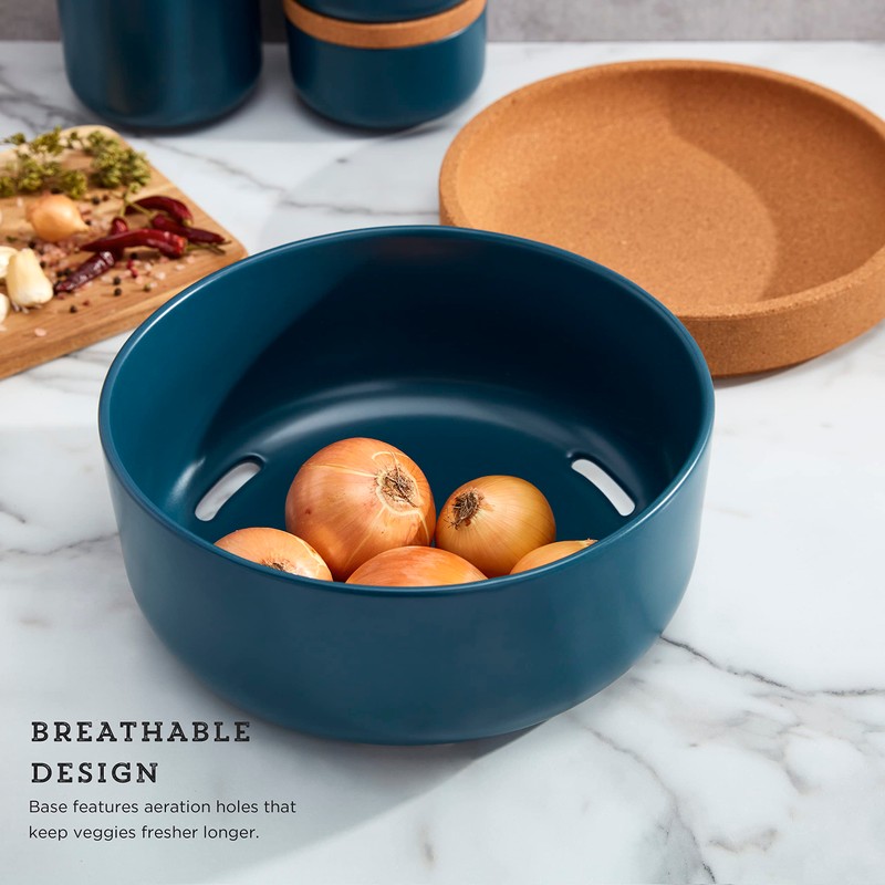 Ceramic and Cork Large Breathable Produce Bowl with Lid to