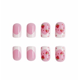 MERVF Short Press on Nails Square Fake Nails White French Tip Glue ons Pink Cute Squoval Acrylic False Nail with Bow Strawberry Design Glossy 24pcs