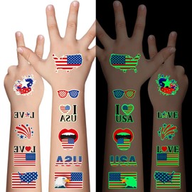 FeCaninCare 80PCS Luminous 4th of July Temporary Tattoos,American Flag Red White and Blue Decor, Fourth of July,USA Party Favors,Memorial Day,Independence Day,Labor Day Decorations Glow Party Supplies