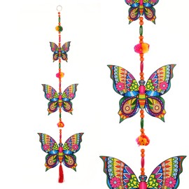 Single Colorful Decorative Door Hanging 3 Wooden Butterfly String for Indian Traditional Festival Decoration Home Wall Temple Bedroom Kids Room Home Party Décor Gifting Ideas (Size:- 26"/2.15 Feet's)