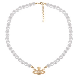 Yunison Pearl Saturn Necklace Rhinestone Pendant Planet Choker Retro Jewelry for Women Birthday Party Anniversary