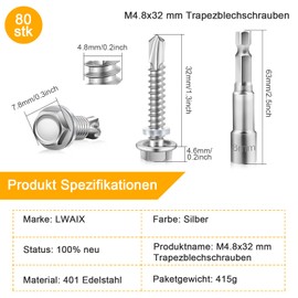 Trapezoidal Sheet Metal Screws with Sealing Washer 4.8 x 32 Pack of 80 Self-Tapping Screws Stainless Steel Self-Tapping Drilling Screws Metal Roofing Screws with Washer Hexagonal