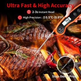 DOQAUS Meat Thermometers, 3S Instant Read Food Thermometer with ±0.5℃ Precision, Backlit LCD, 12cm Stainless Food Probe, Auto On/Off Meat Thermometer Probe for Cooking, Baking, BBQ, Water, Oil,Orange