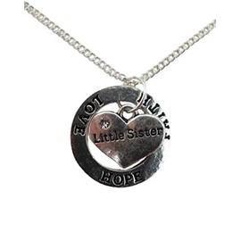 Silver Plated Necklace Little Sister Heart Gem Charm Love Hope Faith Circle Ring