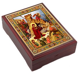 Needzo Nativity of Christ Holy Family Icon Box Wooden for Rosary Prayer Beads Keepsake Holder 3 3/4 Inch, Christmas Decoration Gift