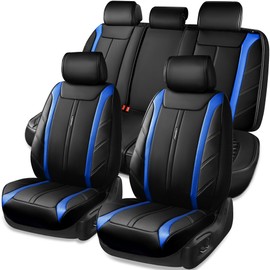 CAR PASS Luxury Faux Leather Seat Covers Full Set, Breathable Sporty Premium Leather Seat Covers, Waterproof Anti Silp Automotive Seat Covers Universal Fit for 95% Trucks SUV Sedans Van,Black and Blue