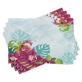 Lunarable Floral Place Mats Set of 4, Colorful Tropical Flourishing Flower Garland Pattern Framework Spring Art, Washable Fabric Placemats for Dining Room Kitchen Table Decor, Turquoise Pink Green