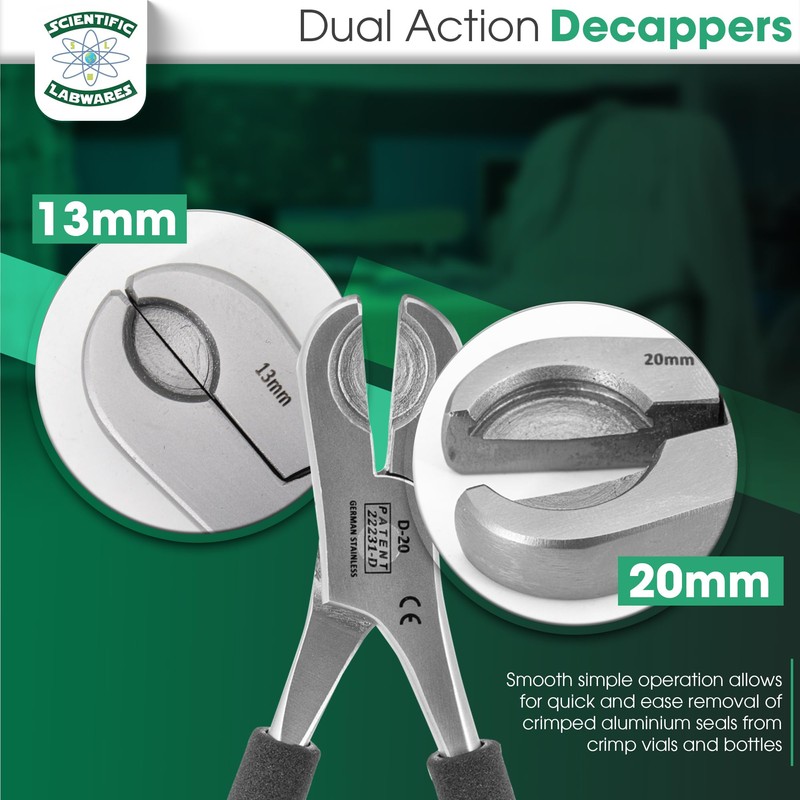 Dual Action Decapper Pliers for Decapping Crimped Vials and Bottles
