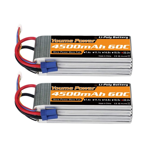 Youme 6S Lipo Battery,22.2V 4500mAh Lipo Battery 60C with EC5 Plug for X Class Drone Racing 70MM 80MM 90MM EDF RC Quadcopter Airplane Helicopter Car Truck Boat Hobby (2 Packs)