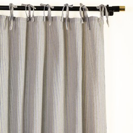 Gauze Striped Curtains, Boho Linen Gauze Tie Top Hanging Curtains Light Filtering Door Window Treatment 2 Panel Curtain Drapes for Living Room Home Décor Blue on Beige (72"x42" Each Panel)