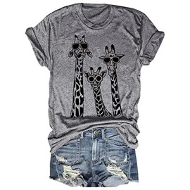 Beopjesk Womens Summer Giraffe Printed T-Shirt Funny Cute Animal Graphic Tees Tops(S,28-Gray)