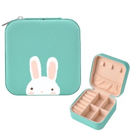 OFQKOAKS Kawaii Rabbit Pattern Jewelry Box Organizer Case for Girls Women(Blue&Rabbit)