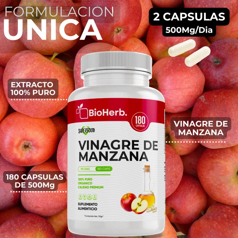 Vinagre De Manzana Madre 100% Puro 180 Cápsulas Bioherb Sabor