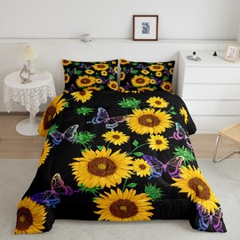Sunflower Butterfly Print Bedding Set for Girls Boys Children Floral Print Comforter Set Yellow Flowers Beautiful Butterfly Pattern Comforter Room Decor Duvet Set Full Size Quilt Set
