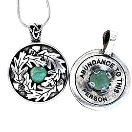 Avalon Blessings Pendant “Abundance To This Person” Inscribed 2 Sided Pewter Pendant Oak Leaves w/Aventurine
