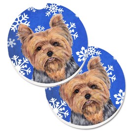 Caroline's Treasures SC9388CARC Yorkie Winter Snowflakes Holiday Set of 2 Cup Holder Car Coasters, Large, Multicolor