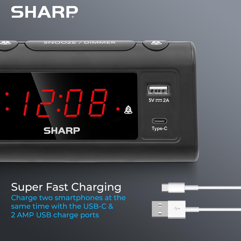 SHARP Alarm Clock for Bedrooms, Super Fast USB-C Charging and