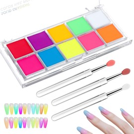 Neon Nail Pigment Powder Set 10 Colors Solid Pigment Powder for Nails Ombre Fluorescent Glitter for Summer Neon Nail Art Manicure Beginners, Includes 5 Sponge Sticks 3 Brushes