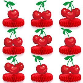 Faccito 9 Pcs Cherry Honeycomb Centerpiece Cherry Party Decor Cherries Ppaer Table Centerpieces for Birthday Baby Shower Party Supplies Decor