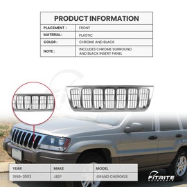 FITRITE AUTO PARTS New Front Grille For 1999-2003 Jeep Grand Cherokee, Made of Plastic, Includes Chrome Surround and Black Insert Panel CH1200234 55155921AC