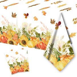 PARSUP 2PCS Thanksgiving Disposable Tablecloth Party Supplies, 108 × 54 inch, Autumn Theme Pumpkin Maple Leaves Tablecloth Plastic Waterproof Tablecover Decorations