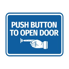 Signs ByLITA Classic Framed Push button to open door (finger pointing left) Sign (Blue) - Large