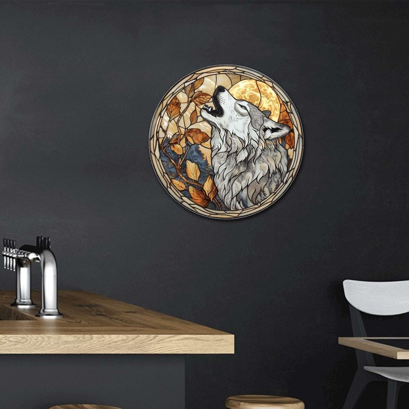 Lygond Metal Sign Tin Sign Circular Stained Glass Gray Wolf