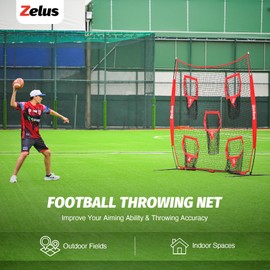 ZELUS 6 x 6ft Football Throwing Net, Quarterback Training Equipment with 5 Target Pockets, Football Practice Throwing Passing Accuracy Trainer with Carry Bag Ground Stakes for Kids Adults, Red