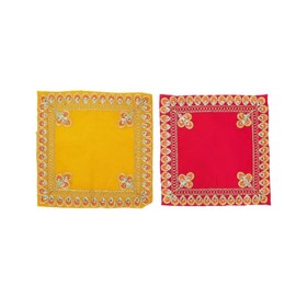 Set of 2 Decorative Mat Aasan Velvet Pooja Cloth (Size: -12 Inches x 12 Inches) for Multipurpose Indian Traditional Pooja Festival Decorations Item Pooja Article Yellow Laxmi (Pink, Yellow)